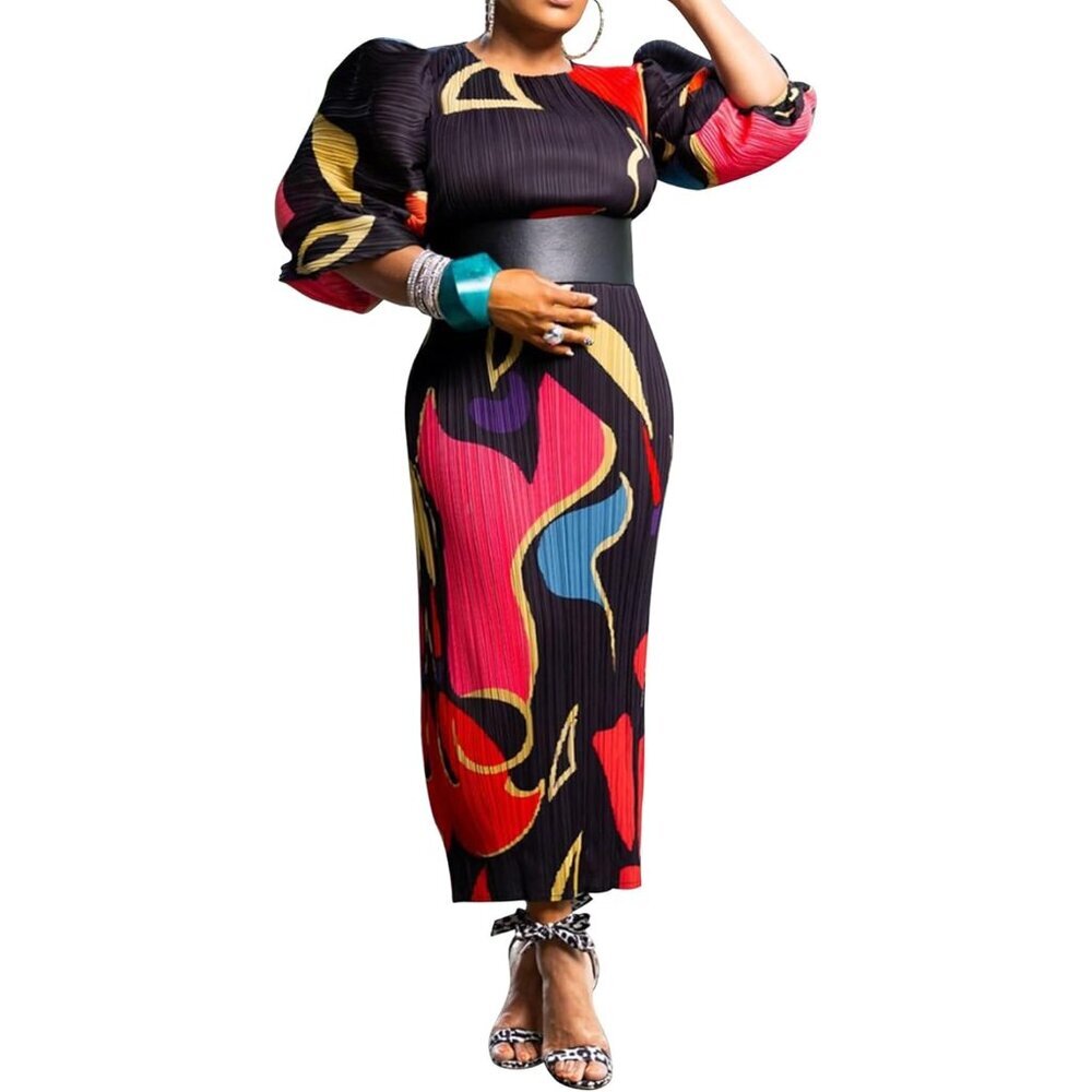 Women African Floral Maxi Dress Puff Sleeves Casual Formal Party Wear